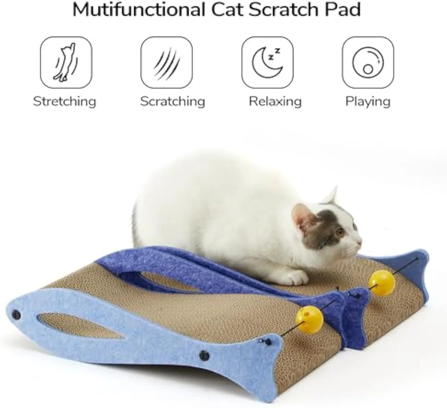 Blue fish-shaped cardboard cat scratcher with bell ball toys on elastic cord
