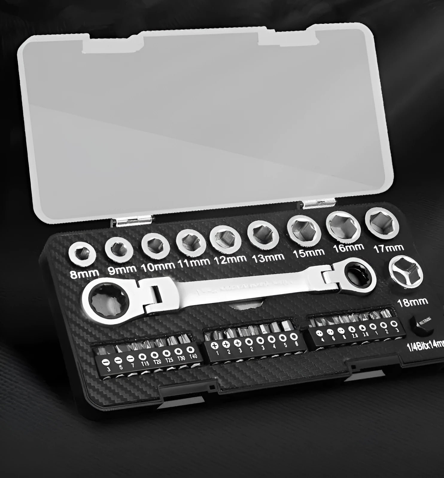 14-piece dual ratchet wrench and screwdriver set with sockets and bit heads for automotive and DIY use