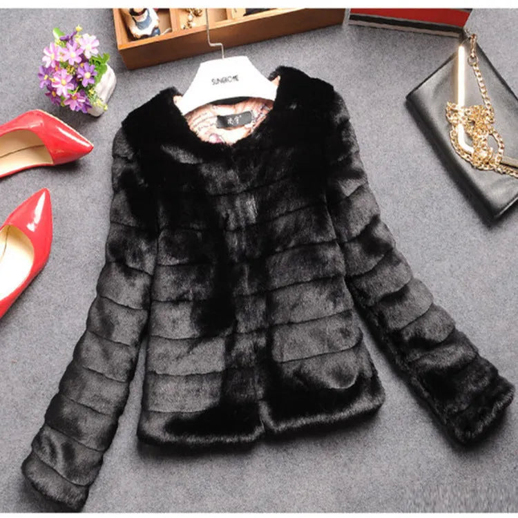 Women's short faux fur top in street fashion style with regular sleeves available in white black and beige sizes S to 9XL