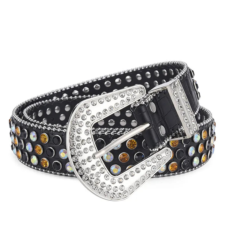 Alloy belt with punk rock rivet and rhinestone detailing on imitation leather strap