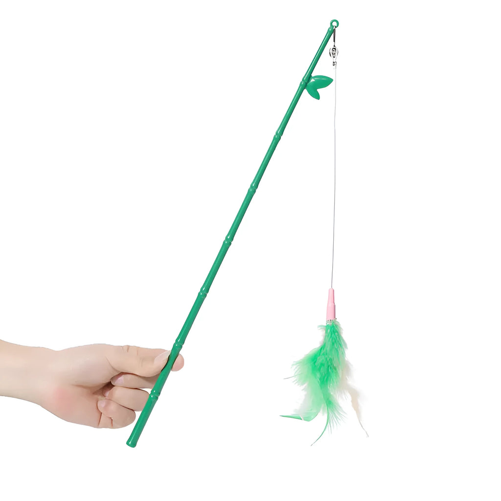 Green interactive cat feather wand toy with bells and synthetic feather attachments