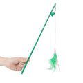 Green interactive cat feather wand toy with bells and synthetic feather attachments