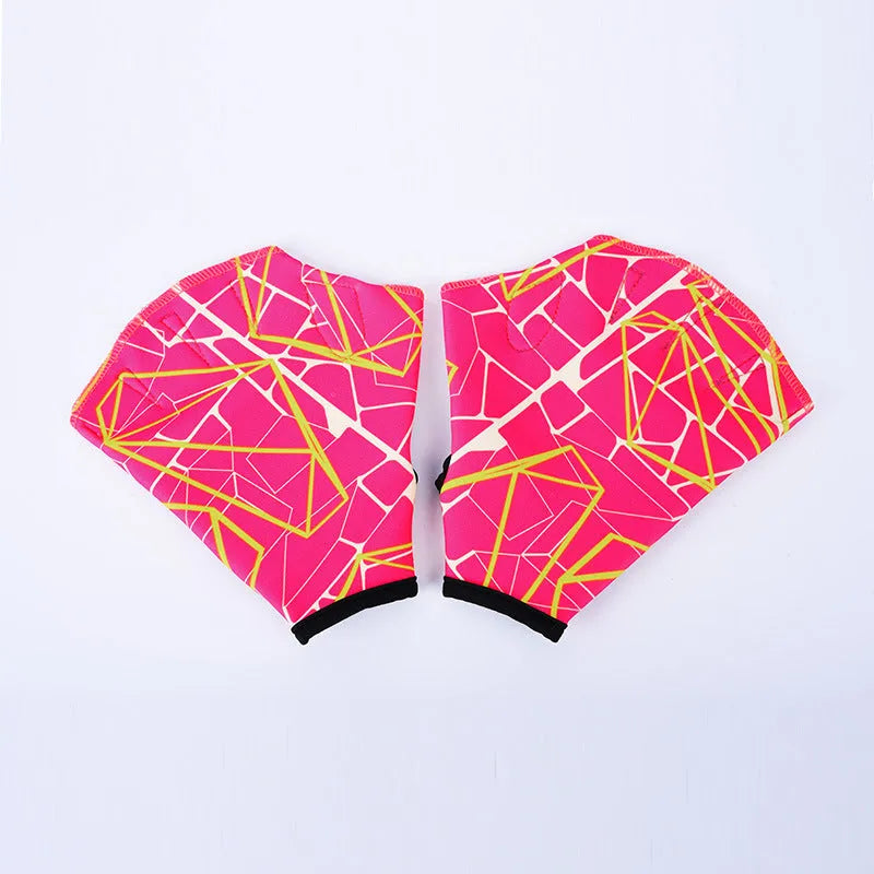 Outdoor swimming gloves with green duck feet webbing between fingers for water sports.