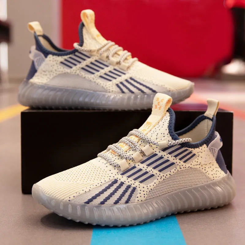 Men's white breathable fabric sports shoes with low-cut design and flat platform heel.