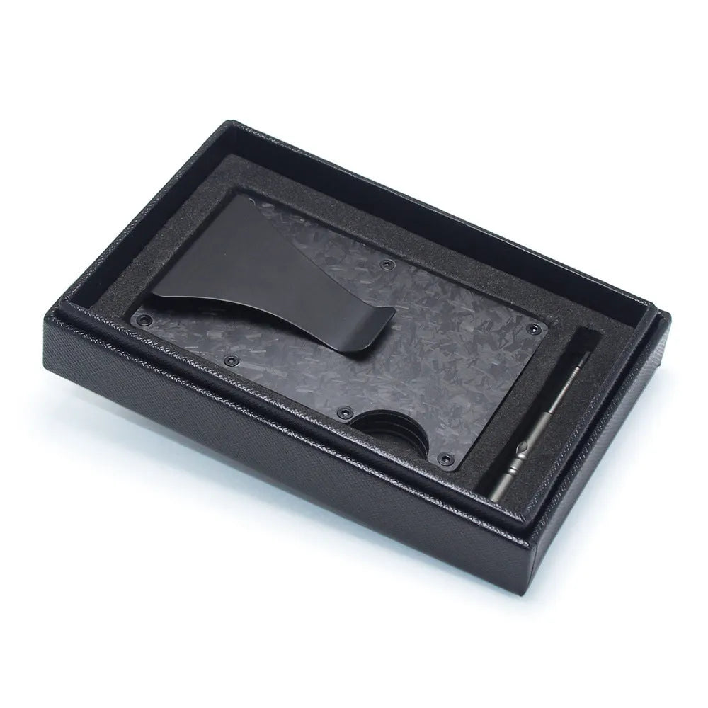 Carbon fibre and aluminium card holder wallet in multiple colours, showing 8 mm thickness.