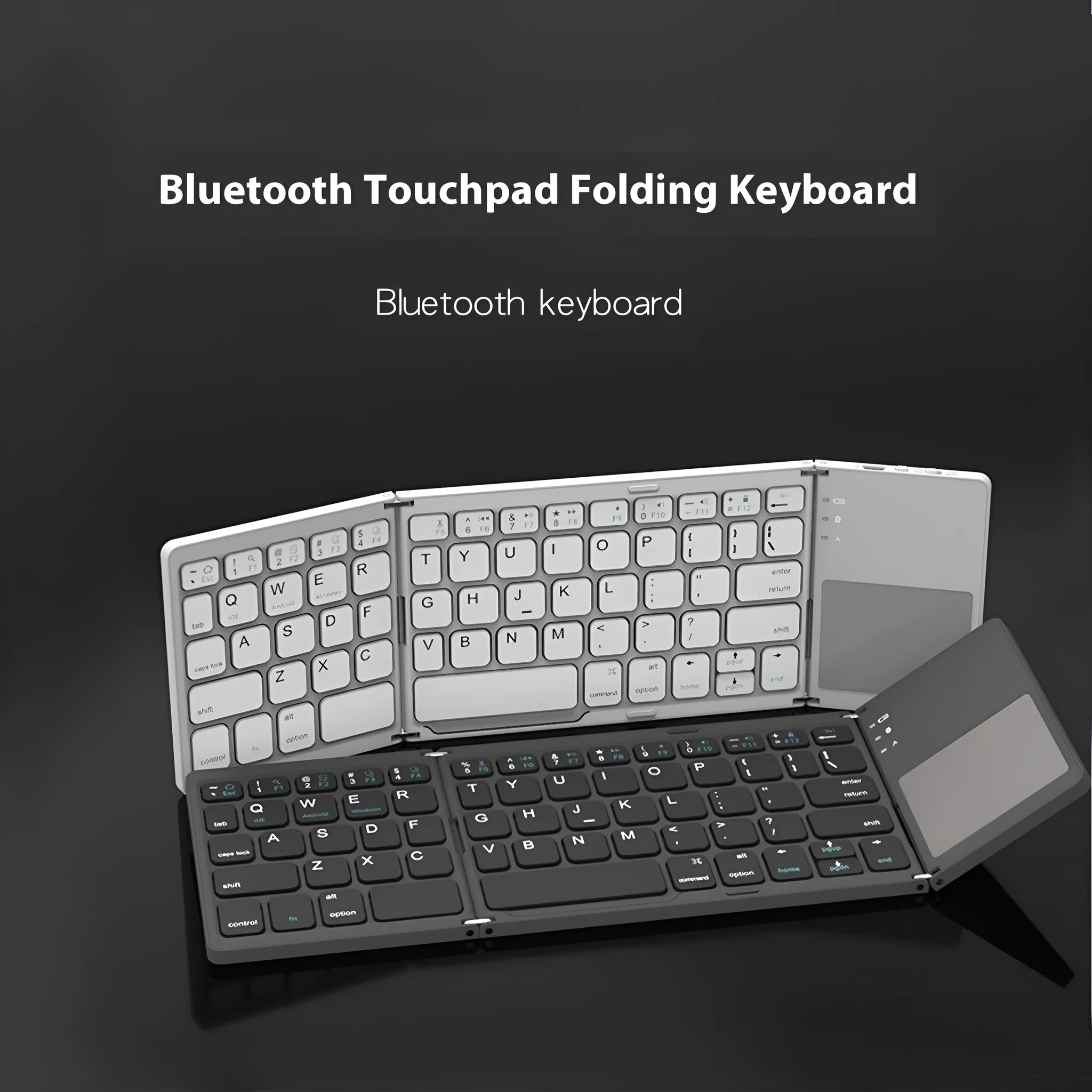 Tri-fold Bluetooth keyboard shown in black and silver colours with thin 0.8cm profile