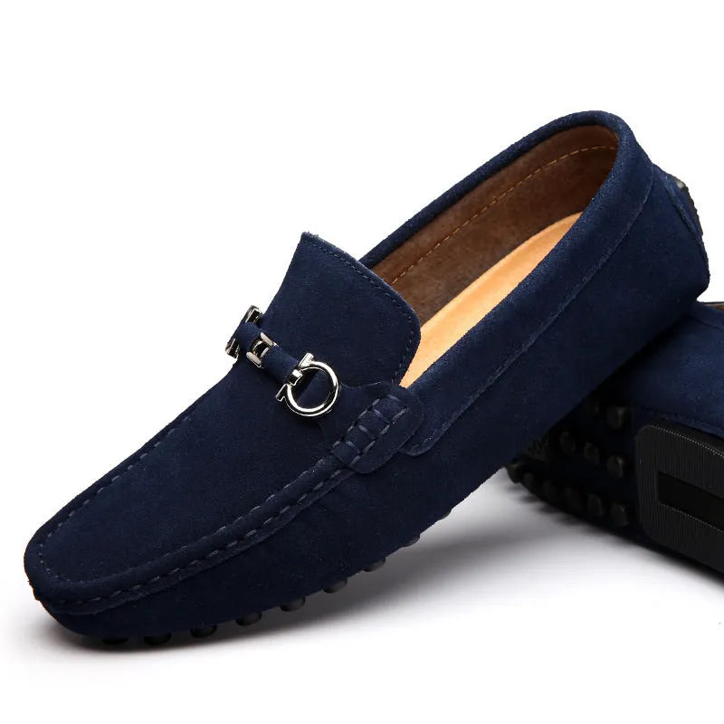 Men's black slip-on cowhide leather shoes with a square toe and flat heel on a white background