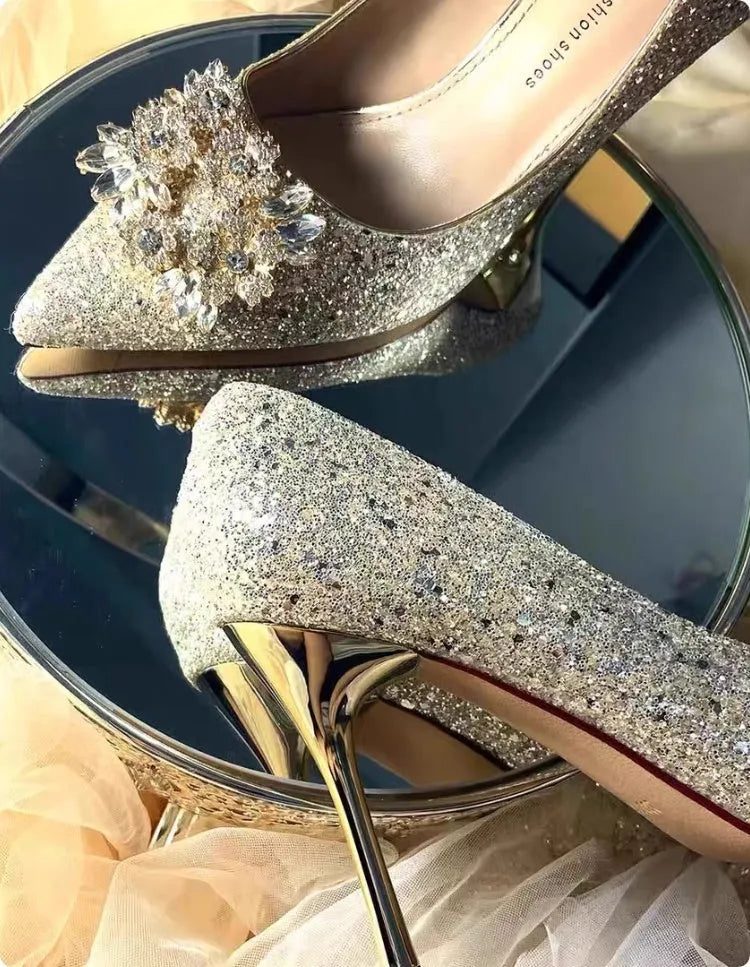 Champagne wedding shoes with rhinestone fragmented flower pattern and pointed toe