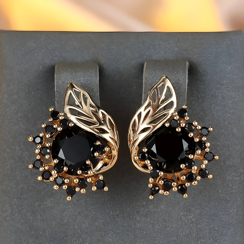 Women's round flowers feather zircon earrings with champagne gold electroplating and six gemstone colour options