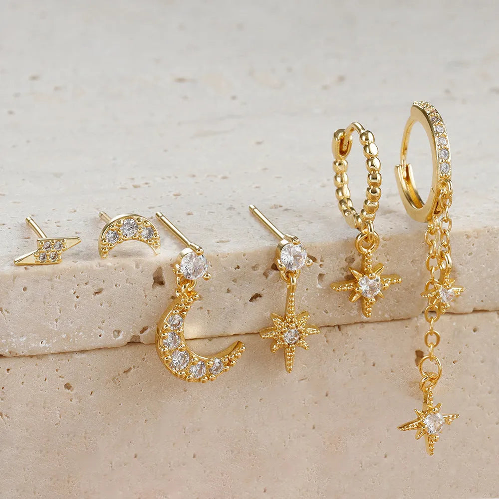 XINGX six piece gold electroplated chain tassel earrings set with zircon details on copper