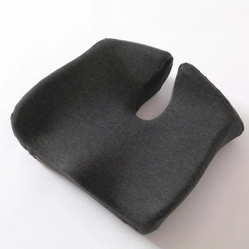 Memory foam office chair cushion measuring 36x40x11cm in dark grey colour with mesh backing