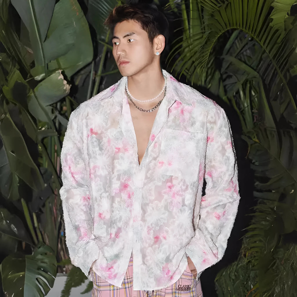 Embossed floral pattern shirt in chemical fibre blend fabric with loose fit and long sleeves