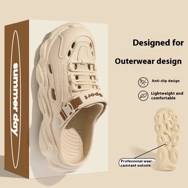 Men's khaki outdoor summer slippers with breathable hollow-out design and non-slip EVA sole