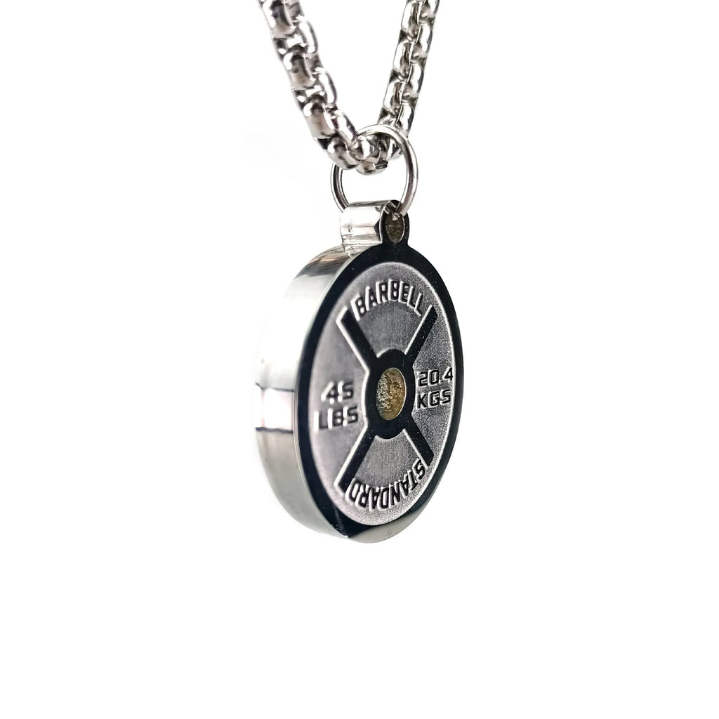 Stainless steel barbell disk pendant necklace on 60cm chain with geometric weightlifting design