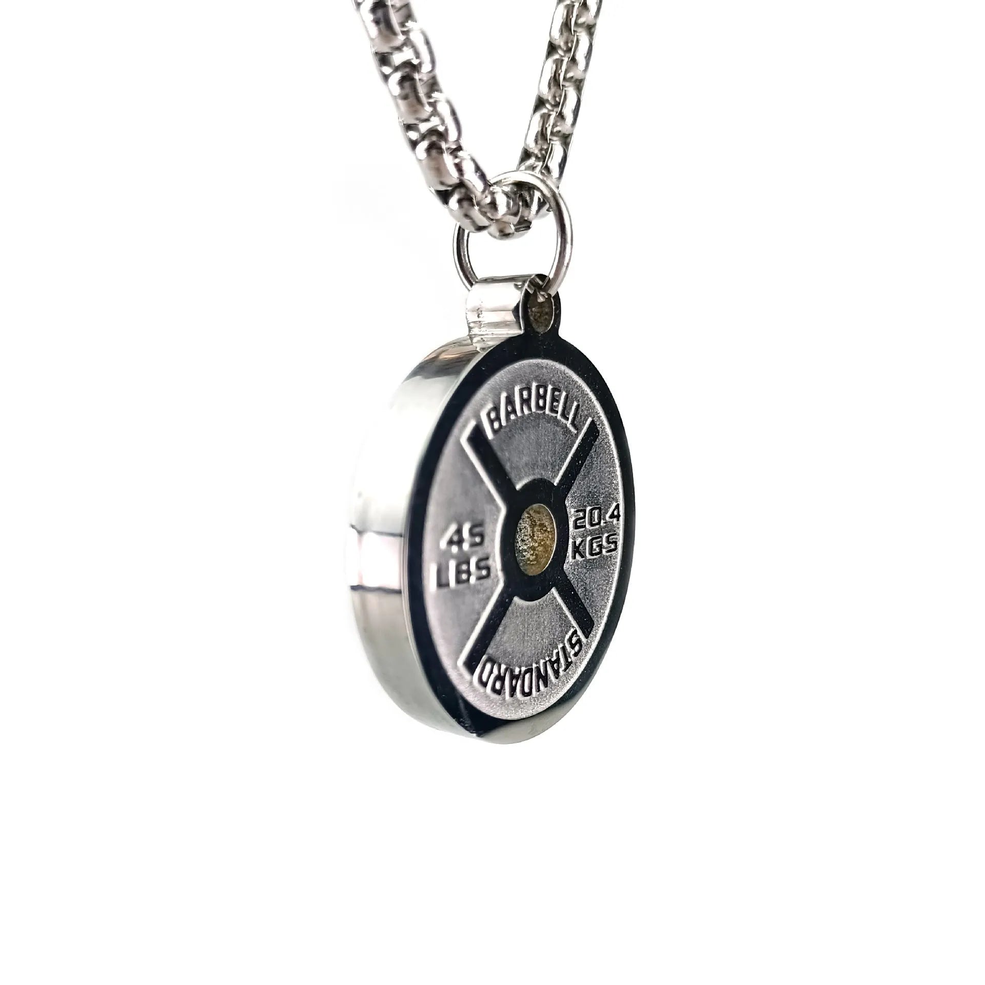 Stainless steel barbell disk pendant necklace on 60cm chain with geometric weightlifting design