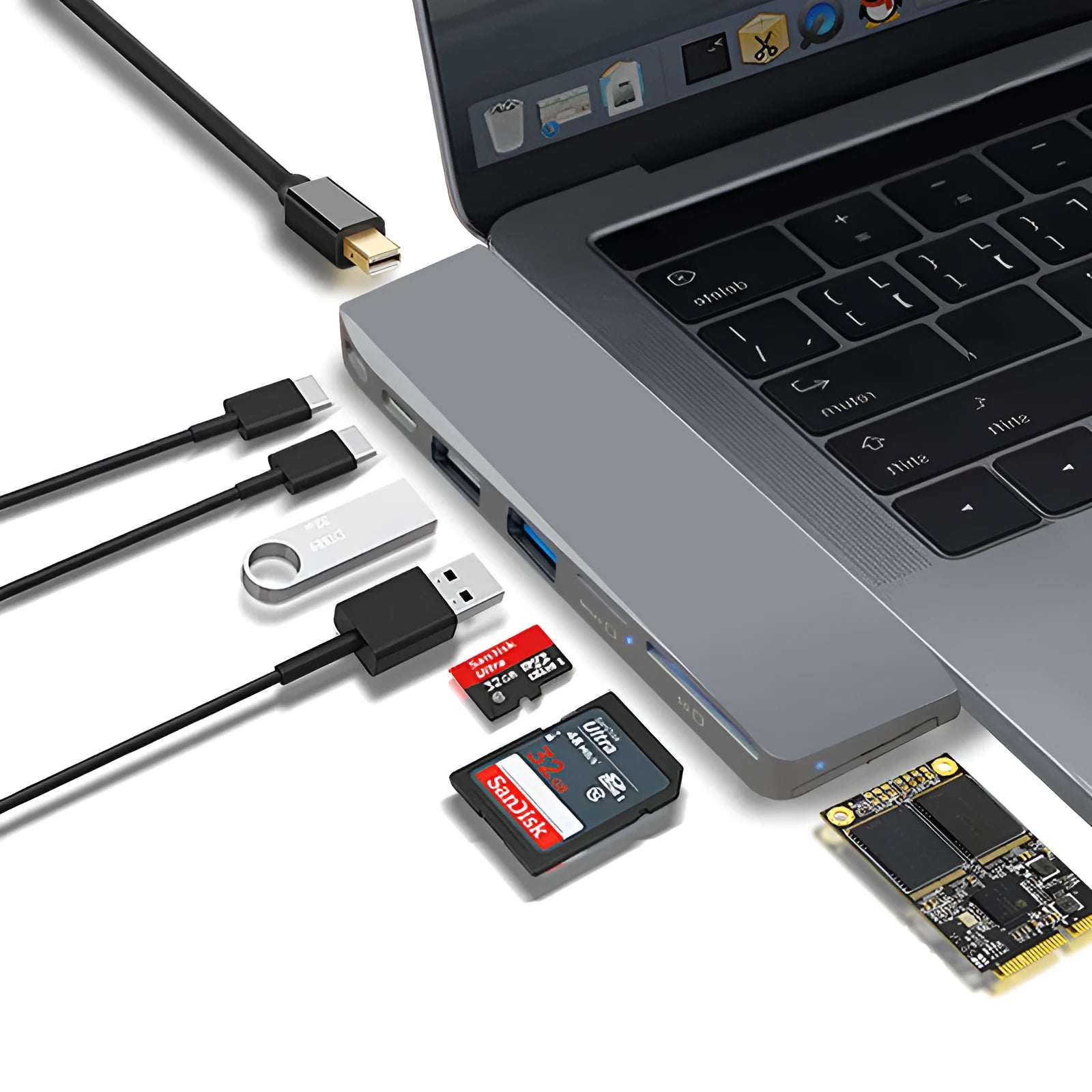 Silver USB-C multi-port hub for MacBook Pro with eight interface ports including USB, card slots, and display output