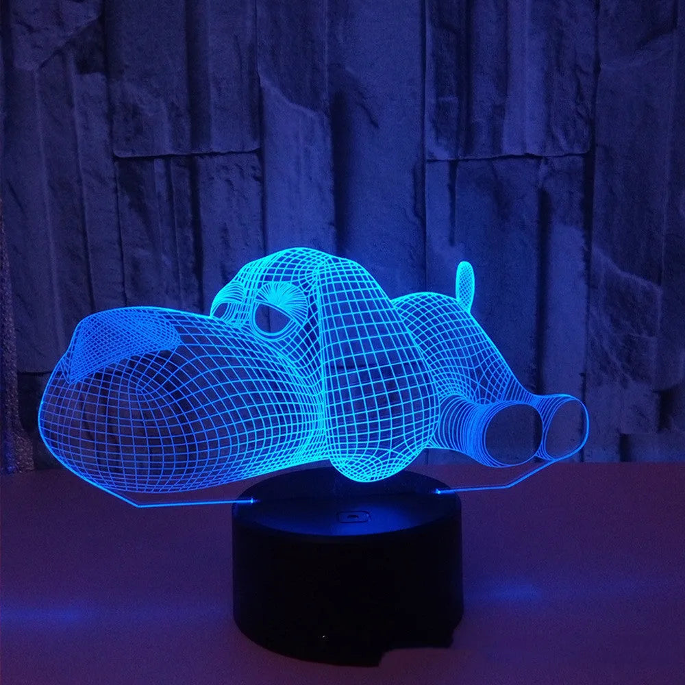 3D illusion dog desktop lamp showing colour changing options including red, green, blue, yellow, cyan, purple, and white
