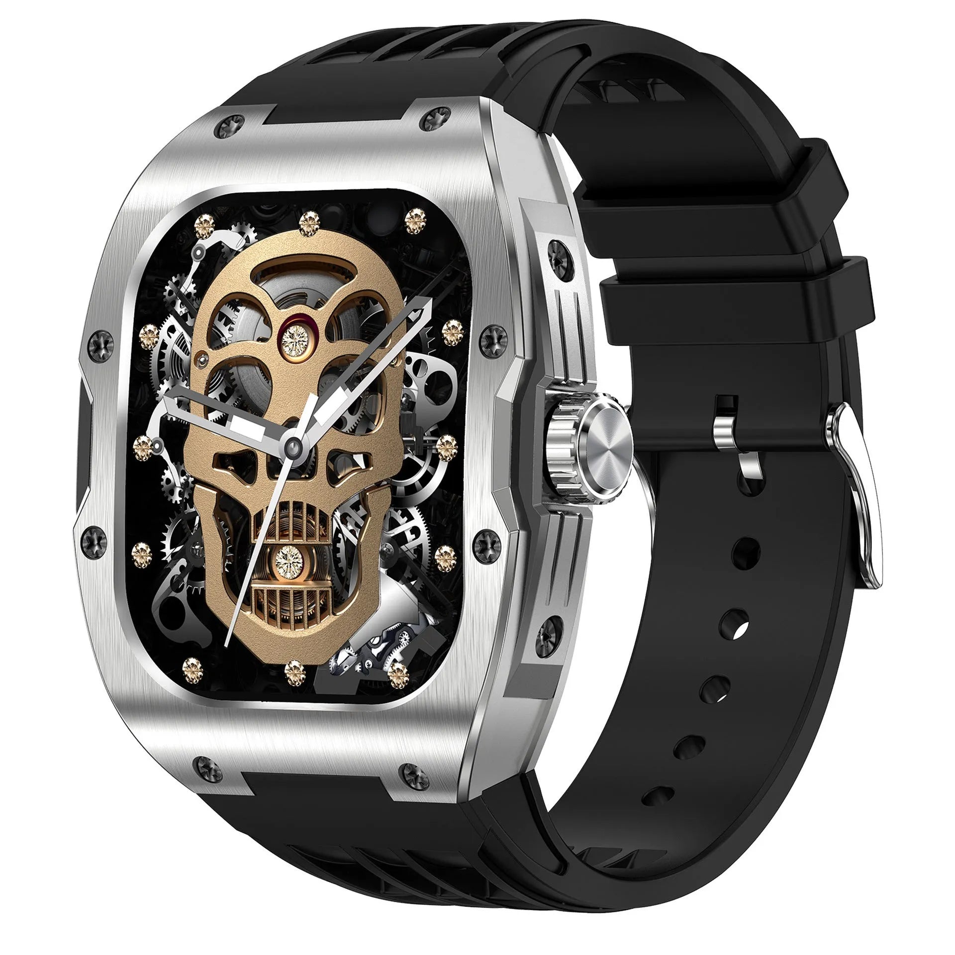 Smart watch for men with AMOLED touch screen display on a black and blue tape tab strap.