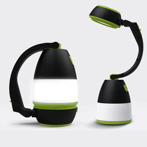 Black green multifunctional LED lamp in folded position showing USB charging port and adjustable head