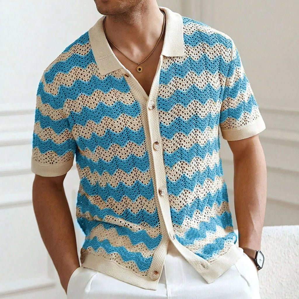 Short sleeve summer sweater with hollow jacquard corrugated texture and flocked detailing in Tencel fabric