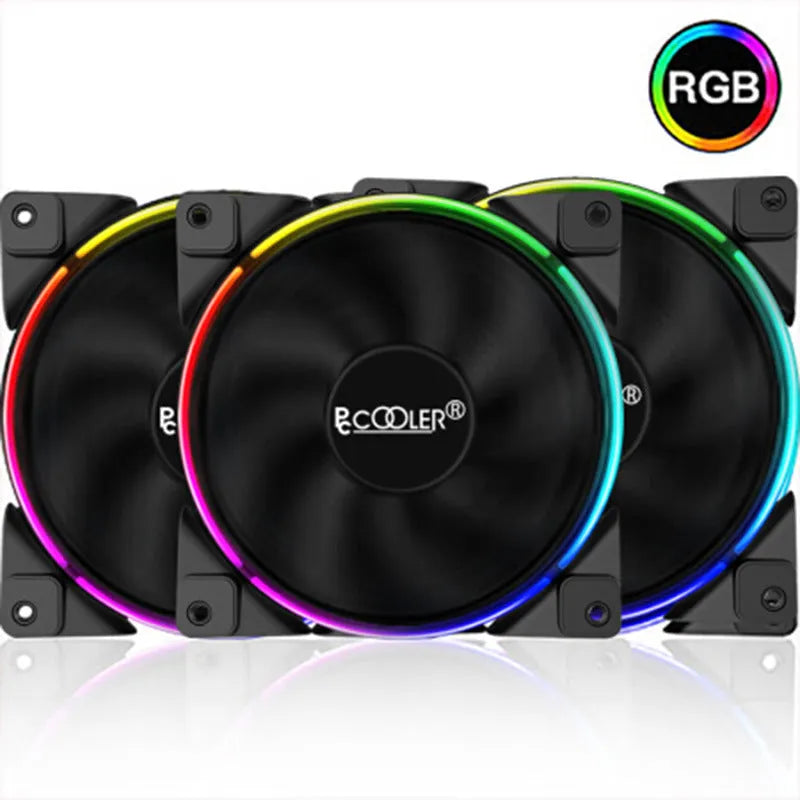Three black 120mm RGB PC cooling fans with hydraulic bearings showing fan blade details