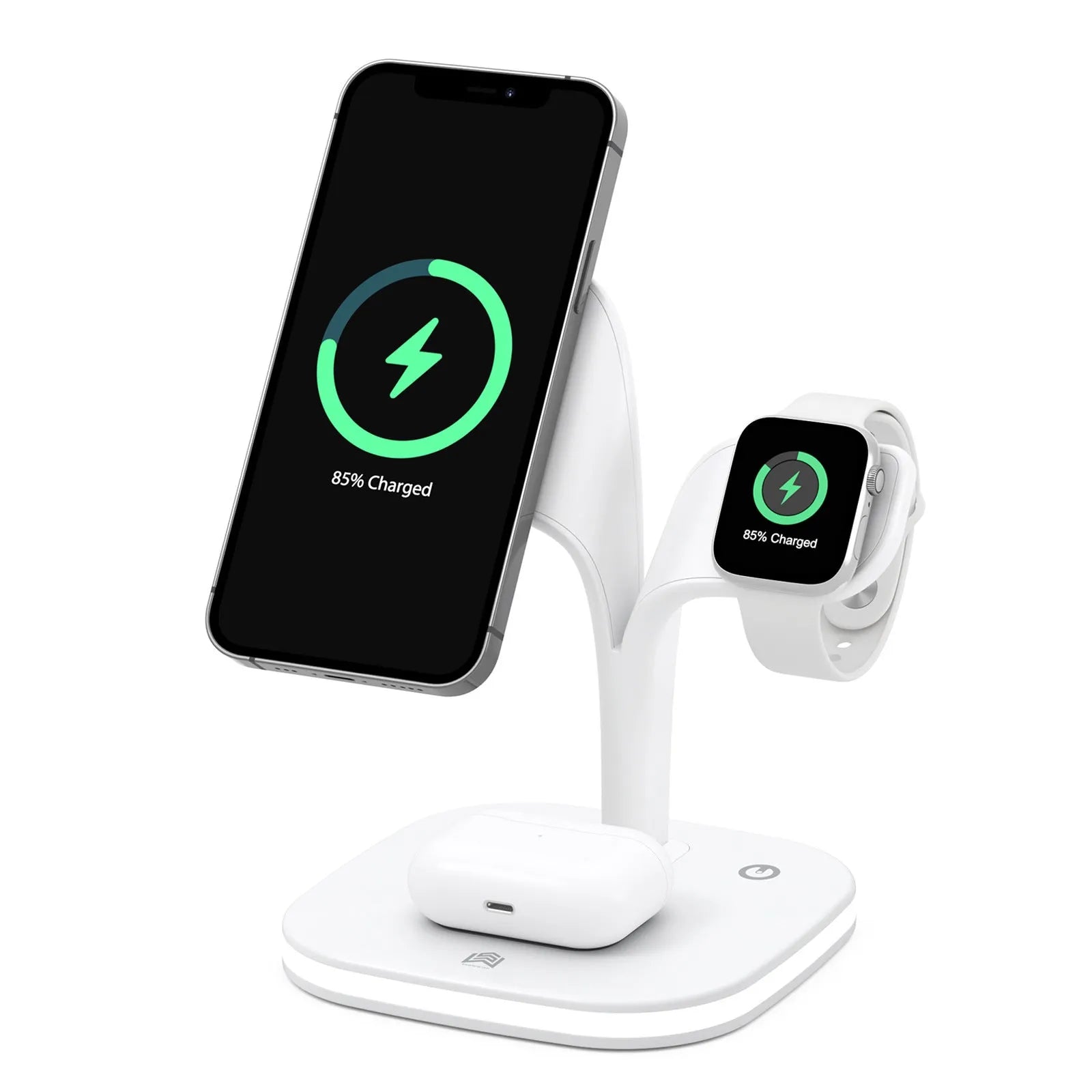 Black 3-in-1 wireless charging stand for phone, watch and headphones on a desk