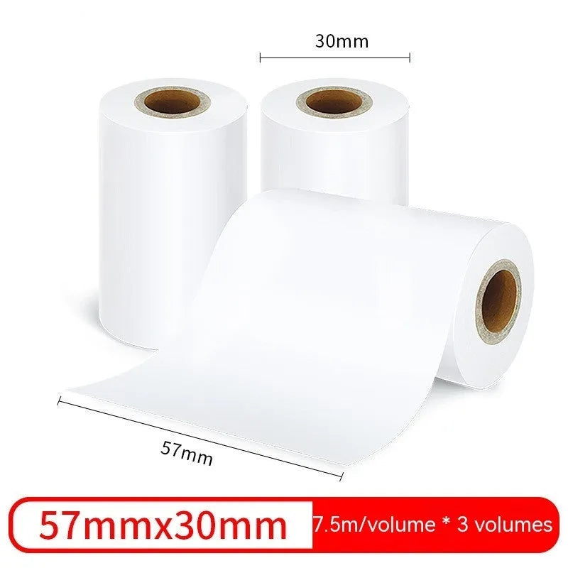 Three rolls of 57x30mm white thermal paper for small thermal printers in retail packaging