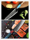 8-piece kitchen knife set with chef's knife, meat cutter, and additional Damascus steel carving knife on wooden board