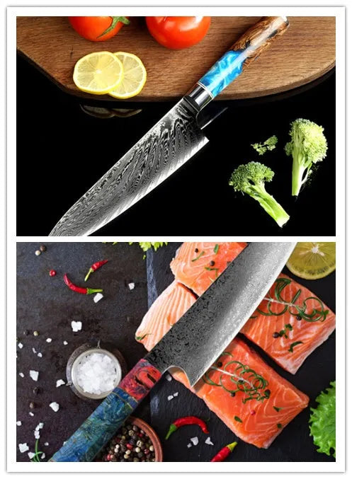 8-piece kitchen knife set with chef's knife, meat cutter, and additional Damascus steel carving knife on wooden board