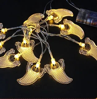 Halloween LED string lights with pumpkin, bat and ghost pendants on 1.2 metre white cable