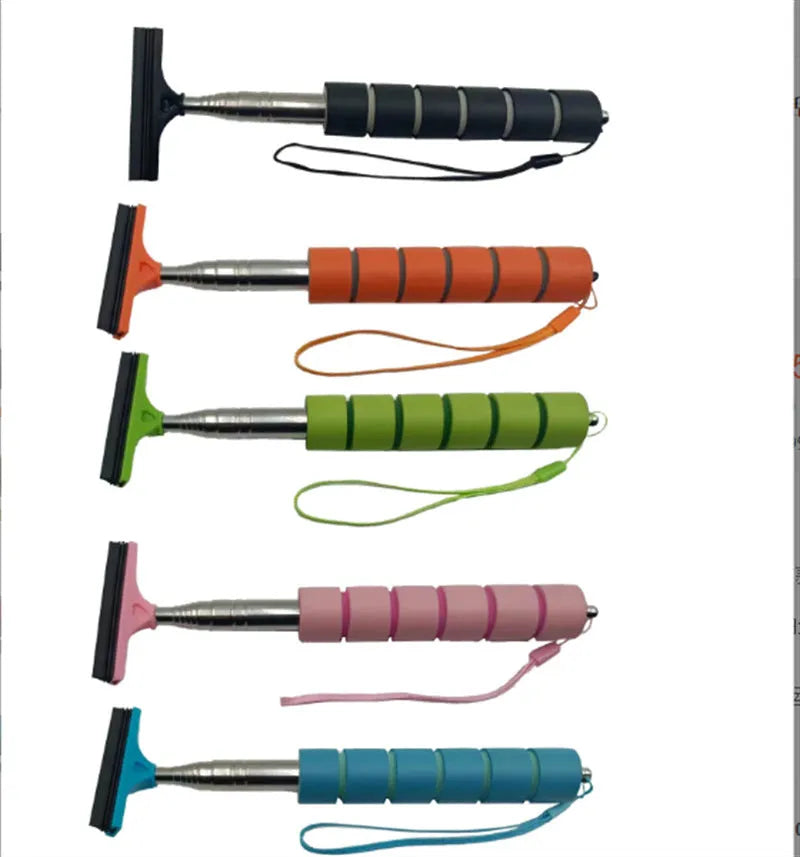 Retractable car wiper in extended position showing stainless steel construction and rubber cleaning blade
