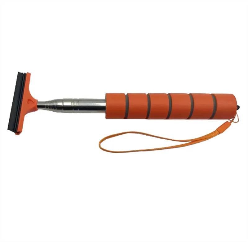 Retractable car wiper in extended position showing stainless steel construction and rubber cleaning blade