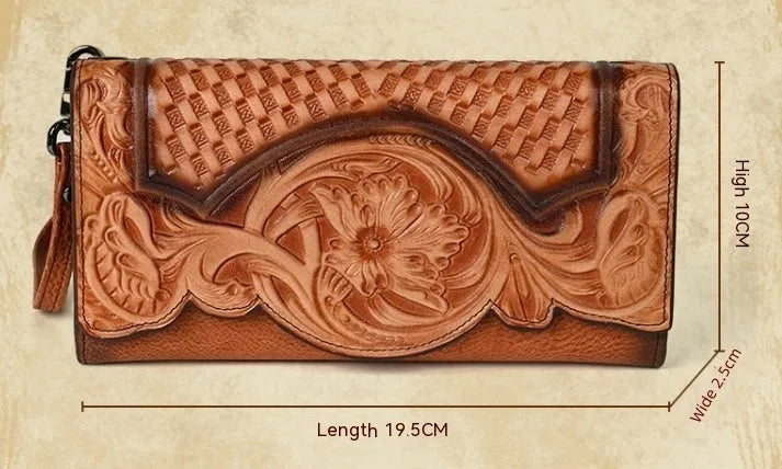 Chinese-style embossed floral pattern tri-fold women's wallet in genuine leather