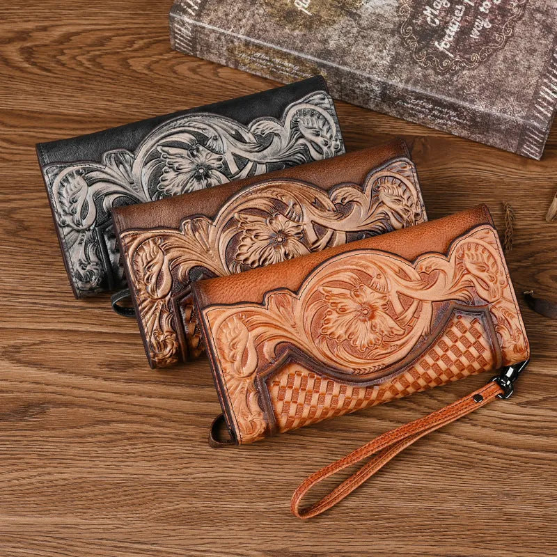 Chinese-style embossed floral pattern tri-fold women's wallet in genuine leather