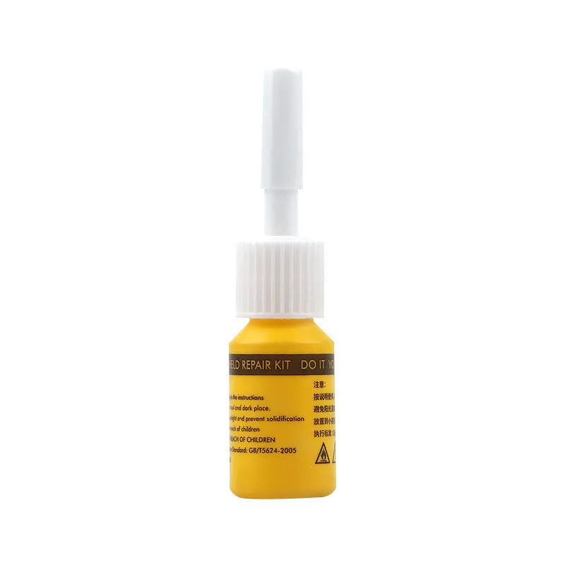 Yellow car windscreen repair kit with three pieces including UV curing resin and injection tools