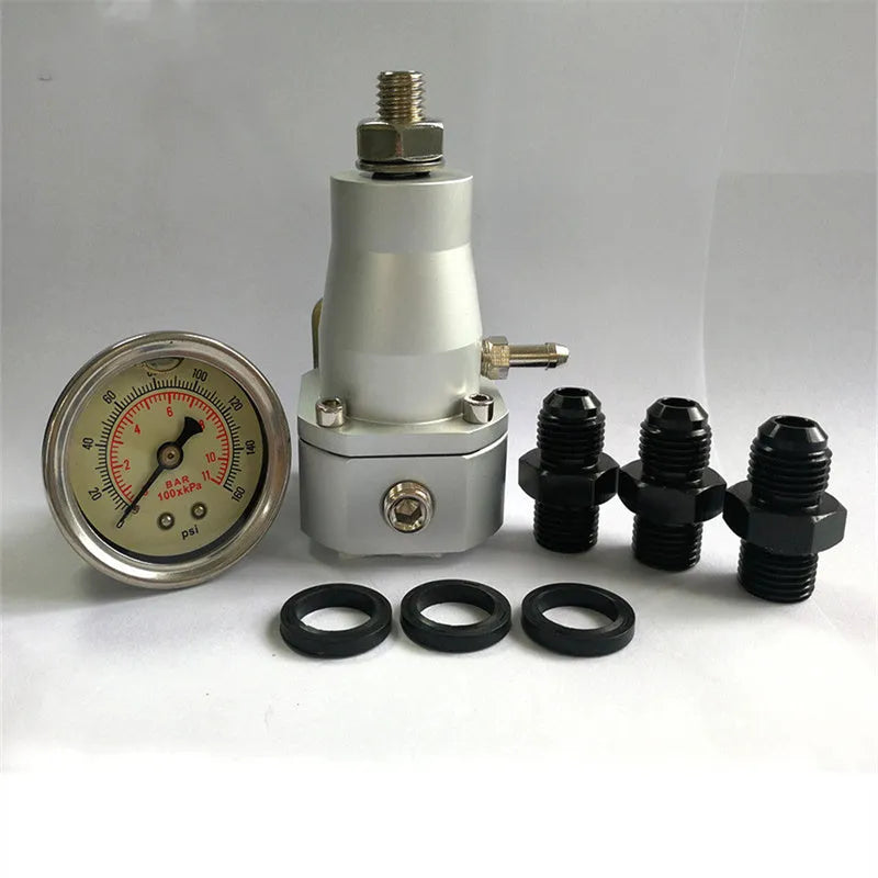 Black aluminium alloy fuel pressure regulator with adjustment port and mounting strap