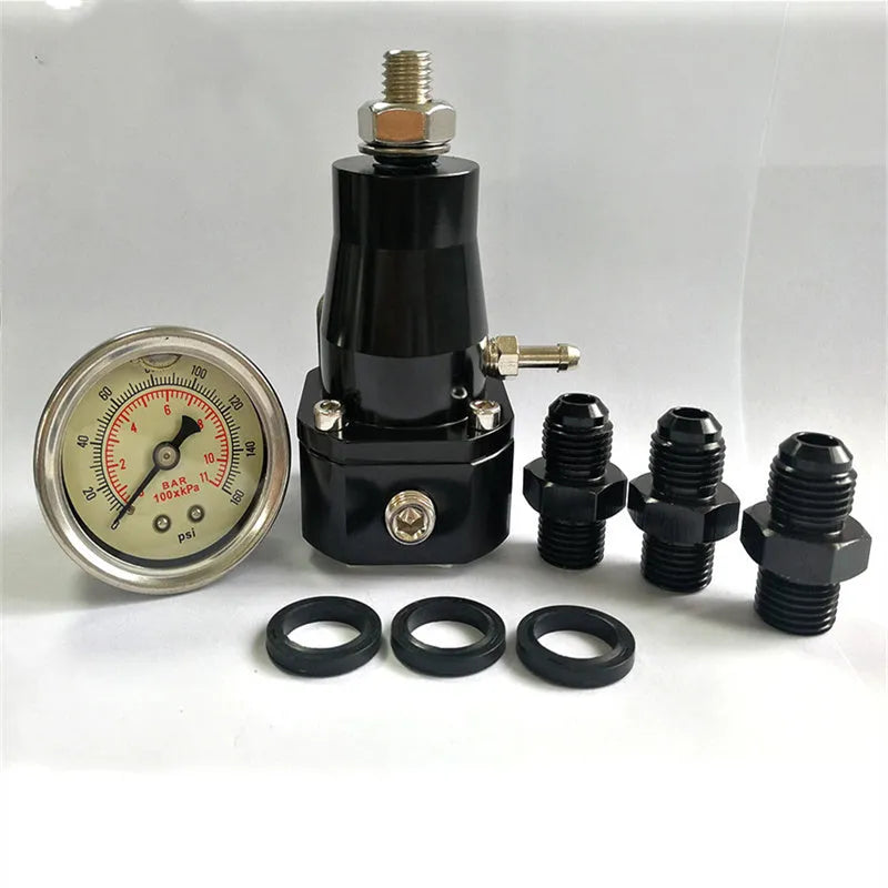 Black aluminium alloy fuel pressure regulator with adjustment port and mounting strap