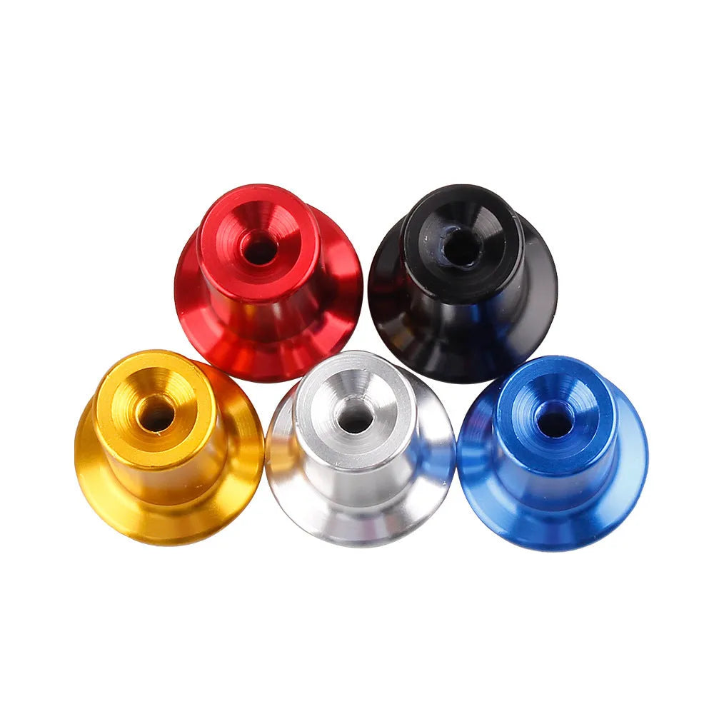Aluminium alloy car handbrake release button cap in five colour options: black, blue, gold, red, silver.