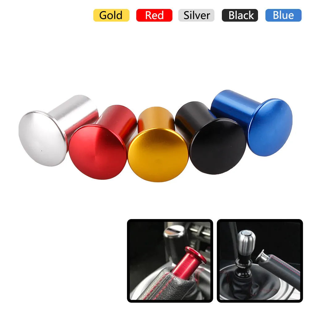 Aluminium alloy car handbrake release button cap in five colour options: black, blue, gold, red, silver.