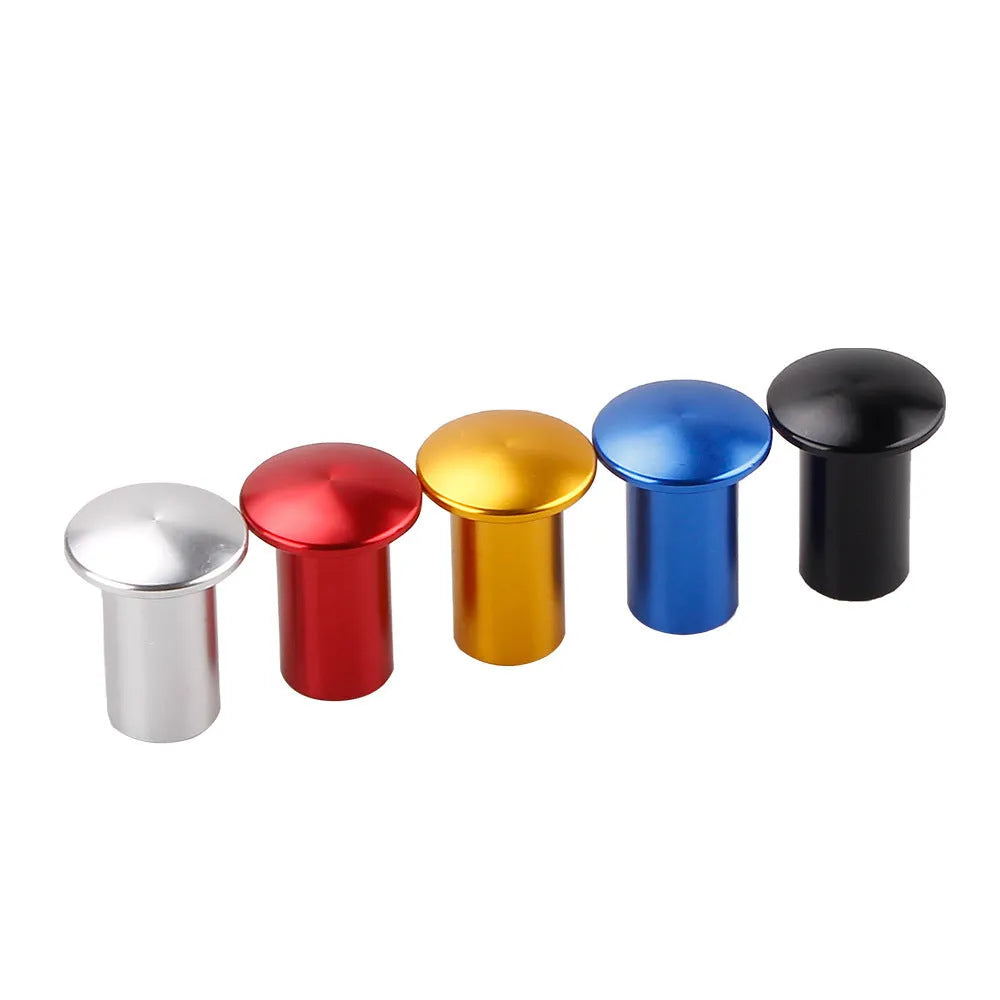 Aluminium alloy car handbrake release button cap in five colour options: black, blue, gold, red, silver.