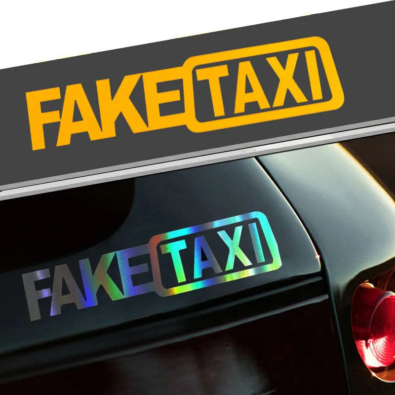 FAKE TAXI black car warning sticker measuring 20cm by 8cm