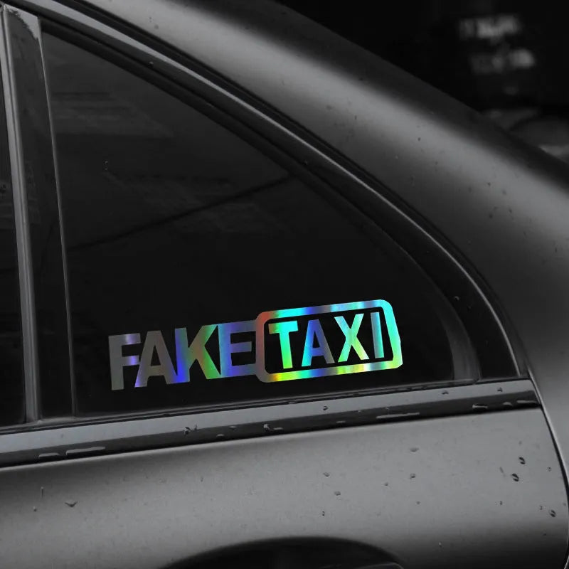 FAKE TAXI black car warning sticker measuring 20cm by 8cm