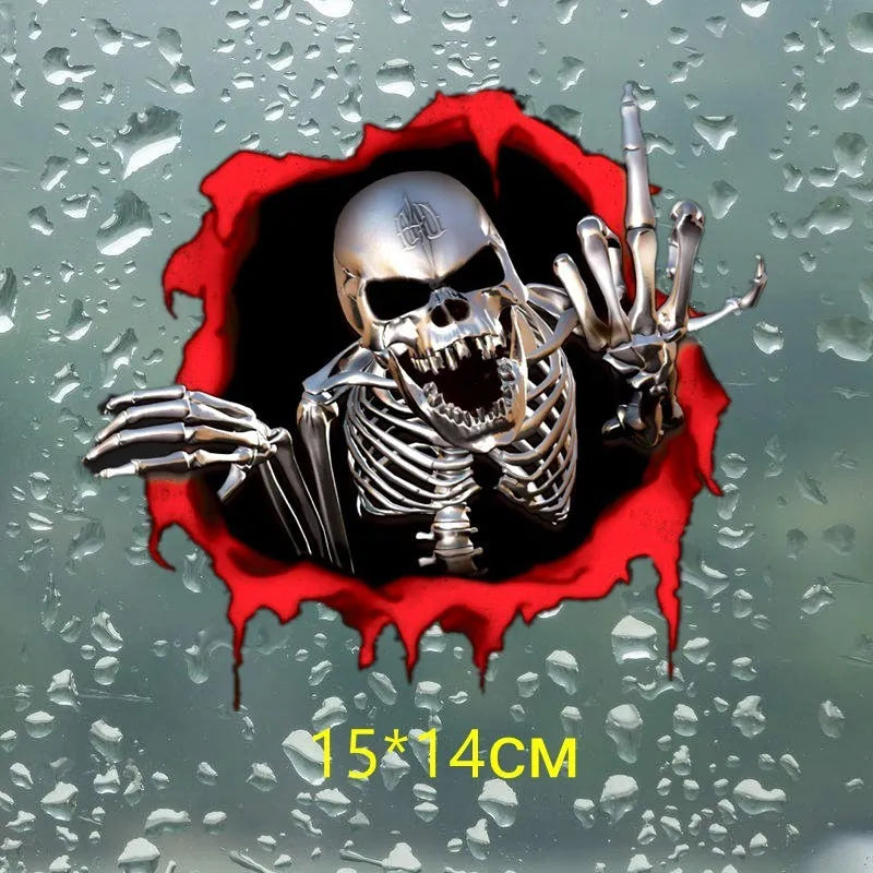 Reflective metal skull car bumper sticker with colourful broken shell pattern measuring 15x14cm