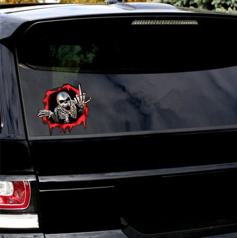 Reflective metal skull car bumper sticker with colourful broken shell pattern measuring 15x14cm