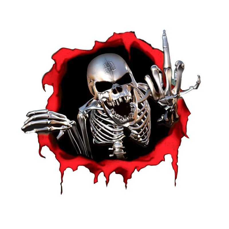 Reflective metal skull car bumper sticker with colourful broken shell pattern measuring 15x14cm