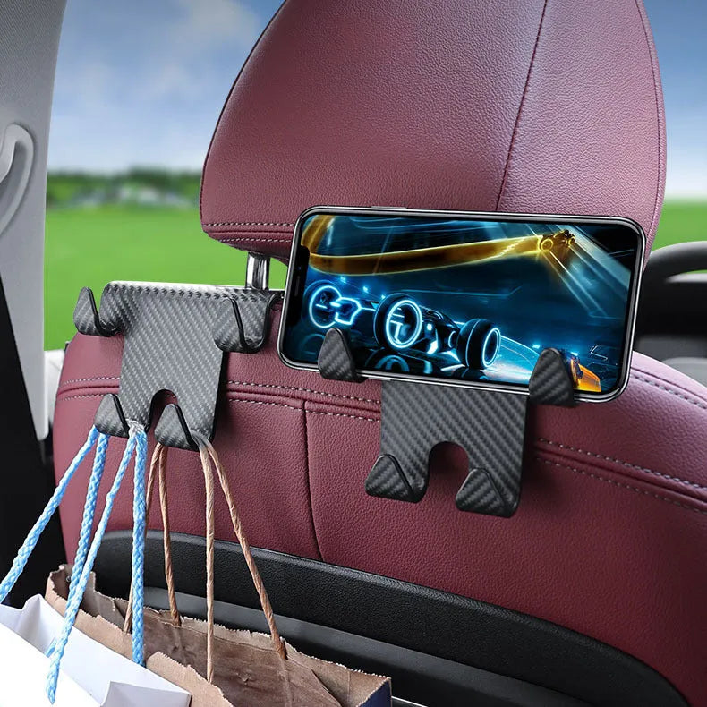 Black car multifunction hook and mobile phone holder bracket for rear seat installation