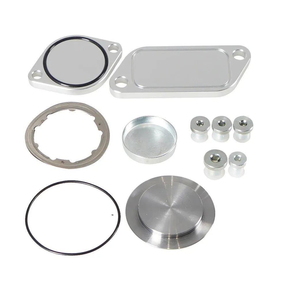 Silver aluminium alloy automotive valve cover and gasket set for EGR system.