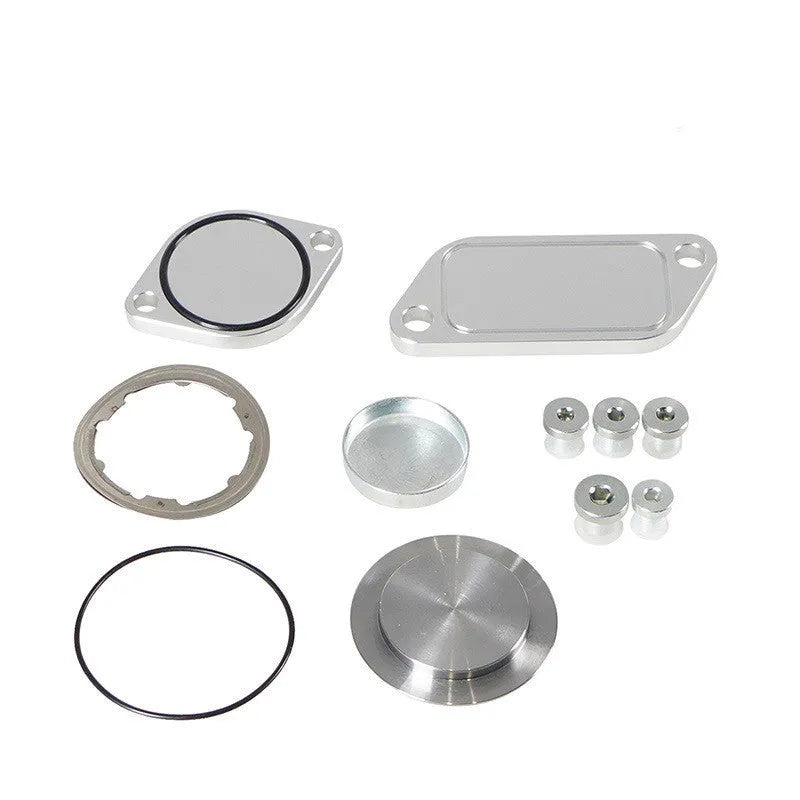 Silver aluminium alloy automotive valve cover and gasket set for EGR system.