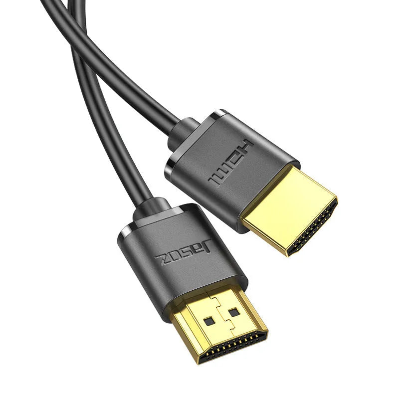 Gold-plated HDMI computer connection cable with thin, flexible black cord.