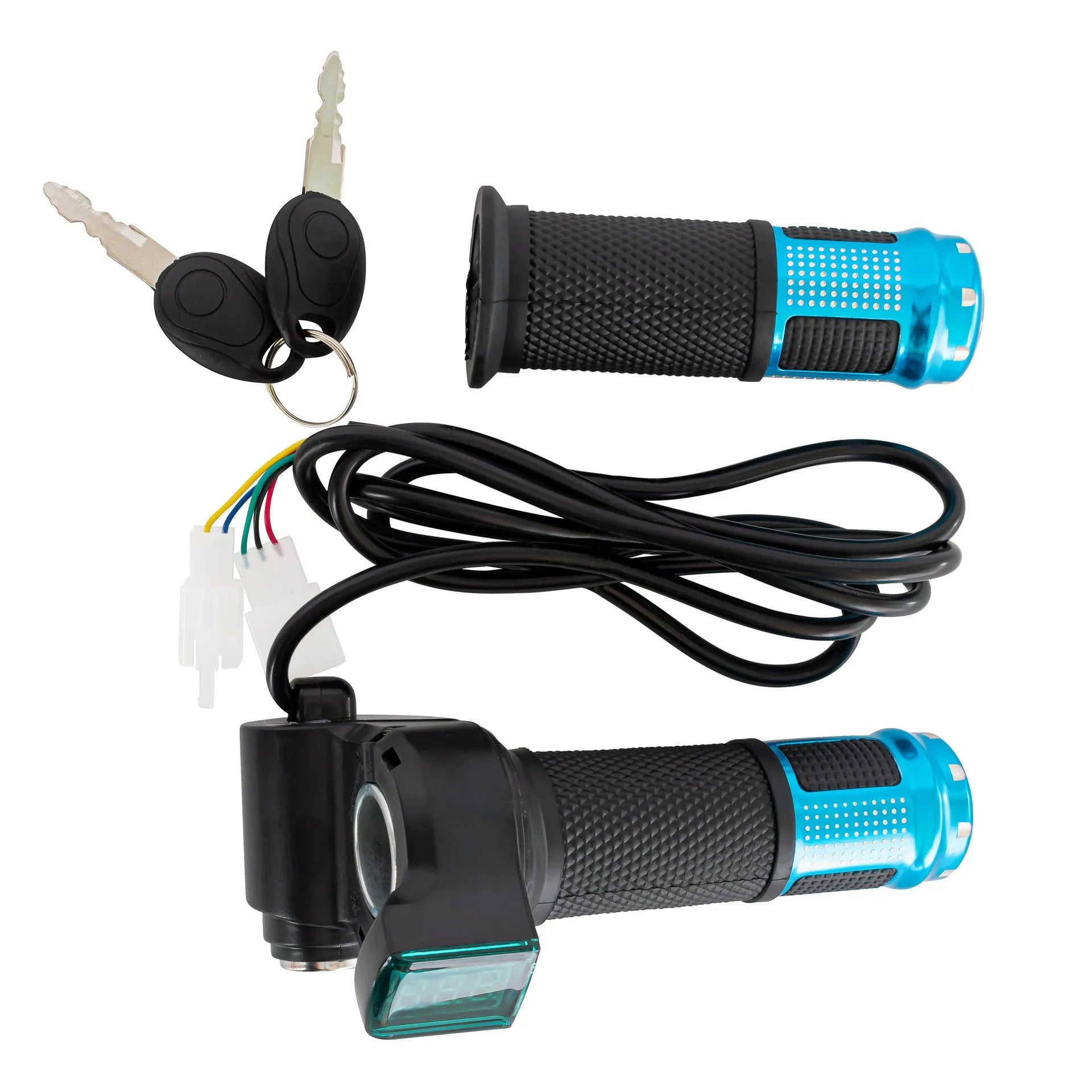 Electric vehicle handlebar section in multiple colours showing 5-core wiring and IPX4 waterproof rating